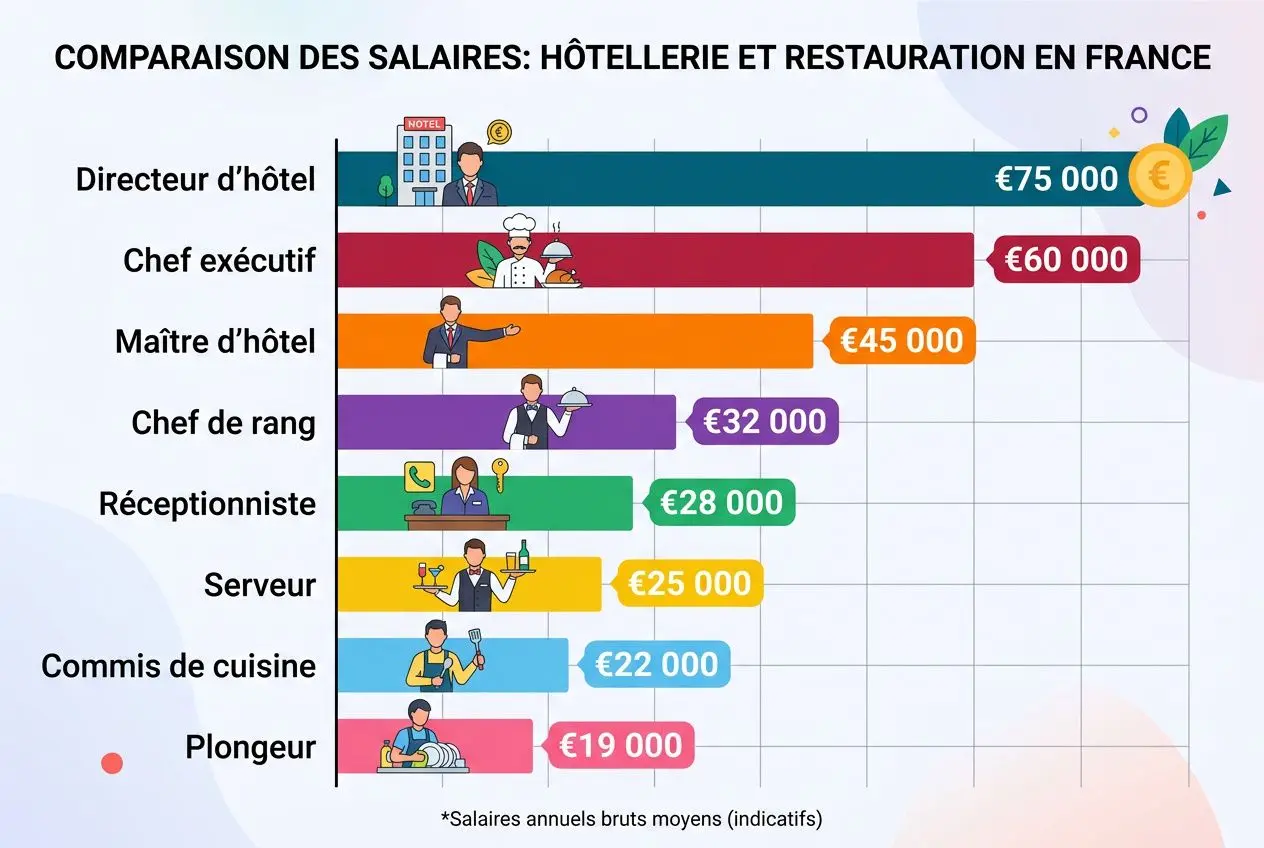 Comparaison des salaires en France: Directuer d’hôtel à 75 000 €, Chef exécutif 60 000 €, Maître d’hôtel 45 000 €, Chef de rang 32 000 €, Réceptionniste 28 000 €, Serveur 25 000 €, Commis de cuisine 22 000 €, Plongeur 19 000 € en restauration et hôtellerie.