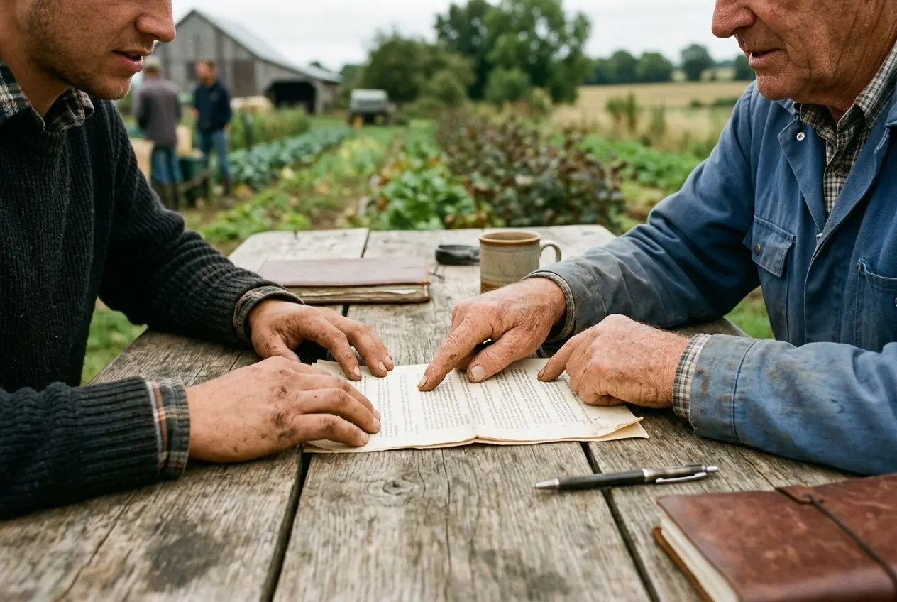 Deux hommes assis à une table en bois en plein air, l’un pointe un document pendant que l’autre l’écoute, marteau et carnet à proximité. Contrat de travail saisonnier agricole en france 2026.