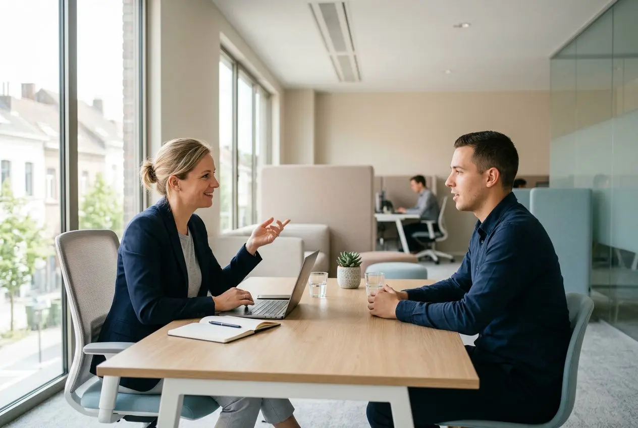 Deux interlocuteurs lors d’un entretien professionnel dans un espace de coworking, discussion autour d’un bureau avec ordinateur portable. agence d'intérim belgique.