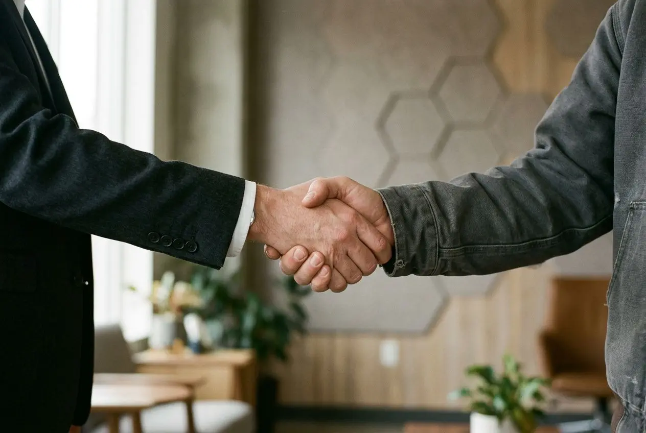 Deux personnes se serrent la main, signe d’un accord ou d’une entente professionnelle, dans un cadre intérieur. intégration du terme: "réglementation travailleurs détachés en france" se fait naturellement dans la description.