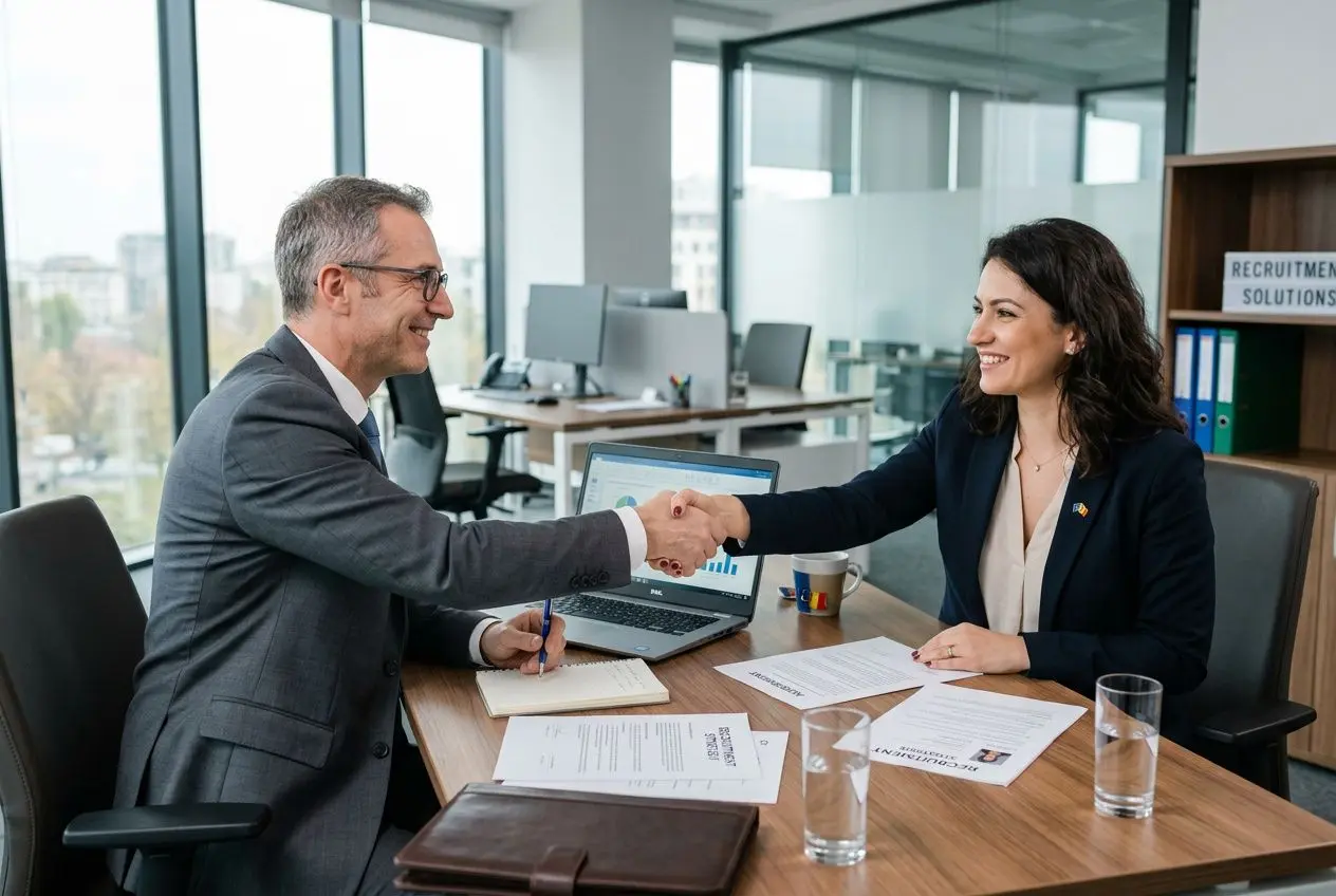 Deux professionnels se serrant la main lors d’un entretien en bureau moderne, avec documents, ordinateur et café sur la table. Agence interim roumanie france et europe.