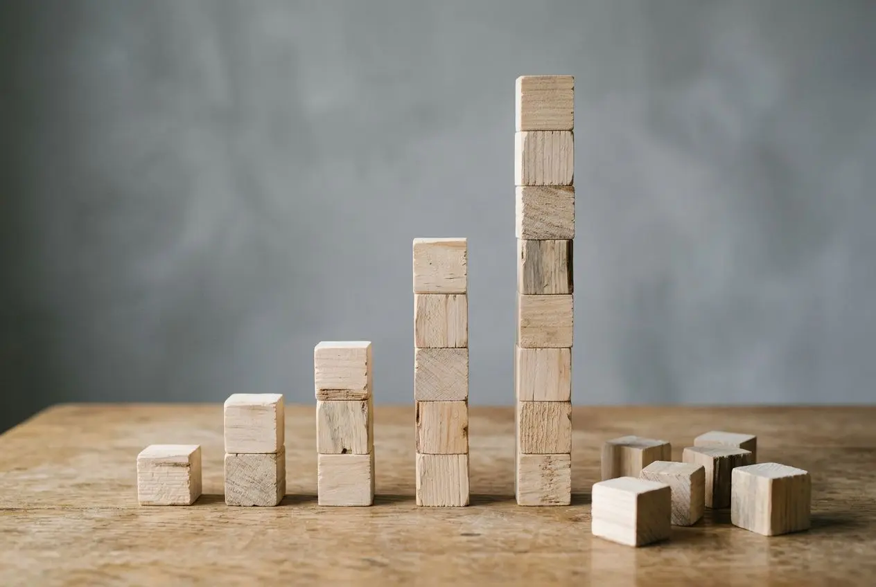 Empilement de petites cubes de bois formant une courbe ascendante, symbolisant la progression des salaires en Roumanie en 2026.