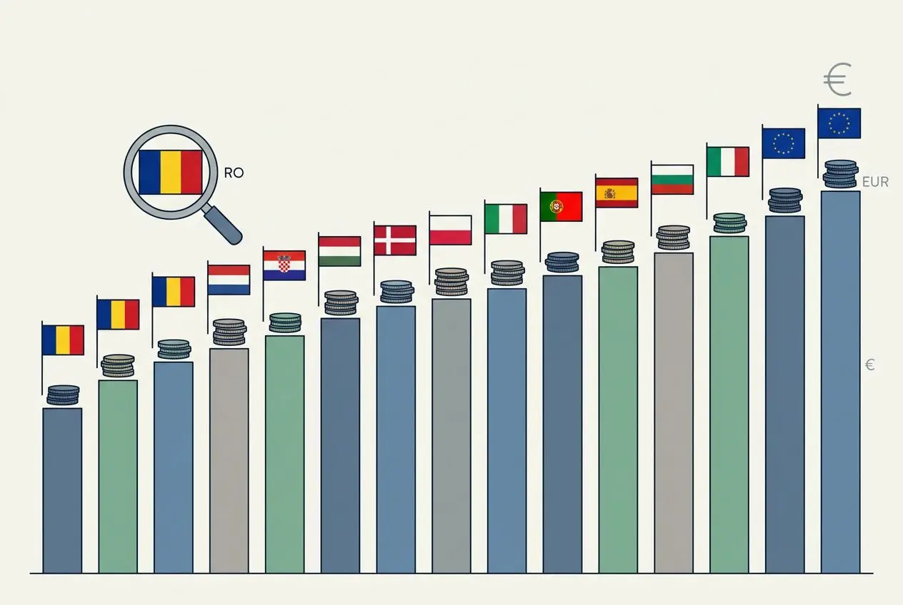 Graphique montrant les salaires moyens par pays européens, avec des barres montant de gauche à droite et des drapeaux nationaux au sommet; mise en valeur de la Roumanie observée parmi les pays. Intègre le sujet: salaire moyen roumanie 2026.
