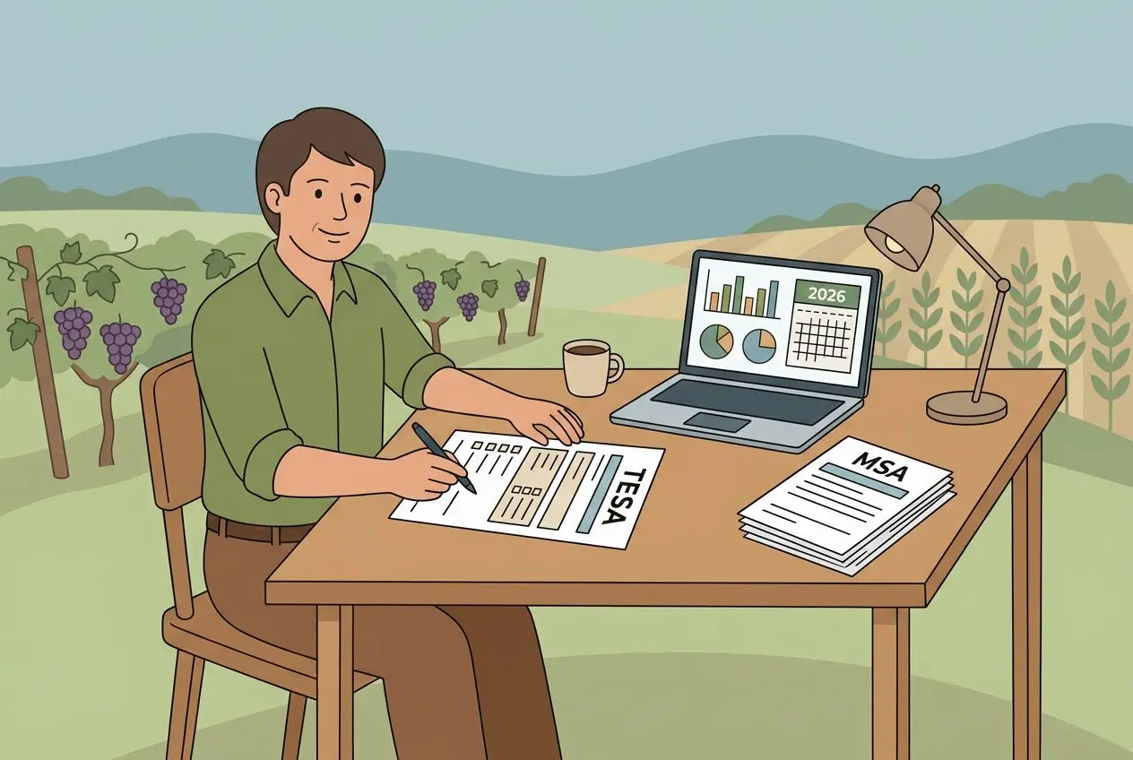 Homme en chemise verte signe un contrat de travail saisonnier agricole sur un bureau en plein raisin, avec laptop montrant 2026 et des documents MSA.