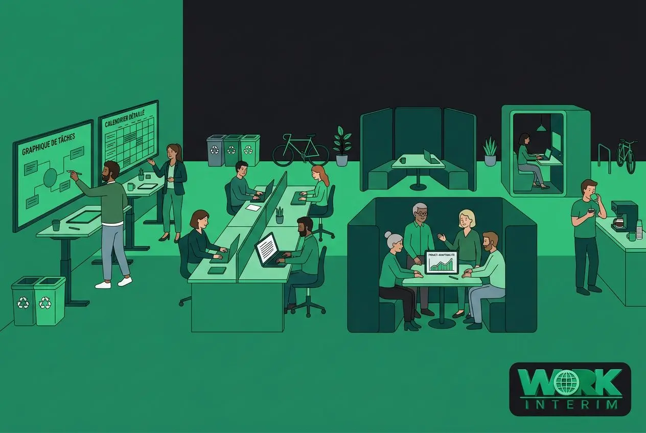 Illustration d’un espace de travail collaboratif moderne montrant des postes, réunions et zones de travail flexible, autour du thème des 5 formes de flexibilité du travail.