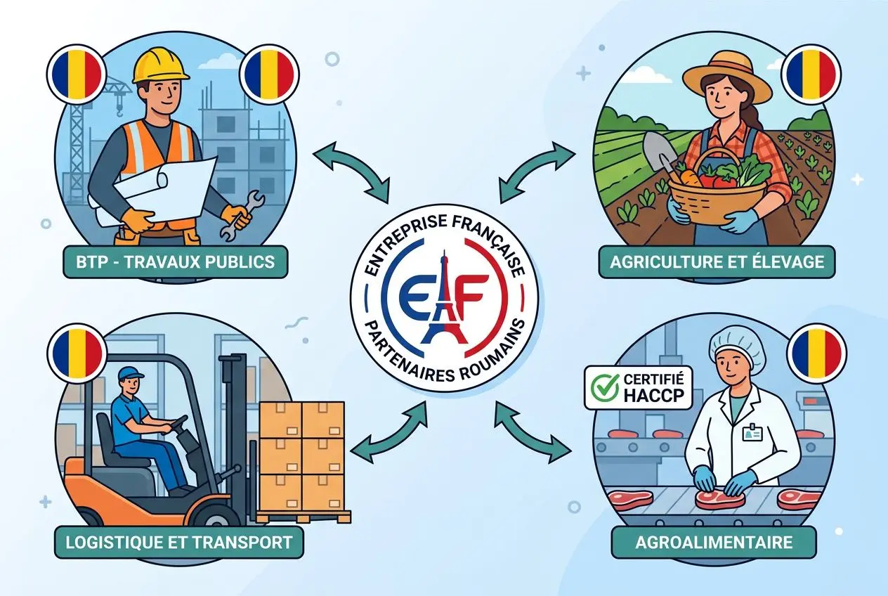 Illustration représentant une agence intérim roumanie france et europe: quatre activités autour d’un logo central EAF, BTP-Travaux publics, Agriculture et élevage, Logistique et Transport, Agroalimentaire.