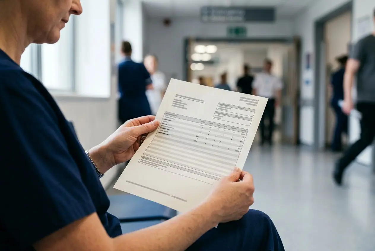 Infirmier en intérim examinant un bulletin de salaire, illustration du salaire infirmier intérim net et des éléments de rémunération.