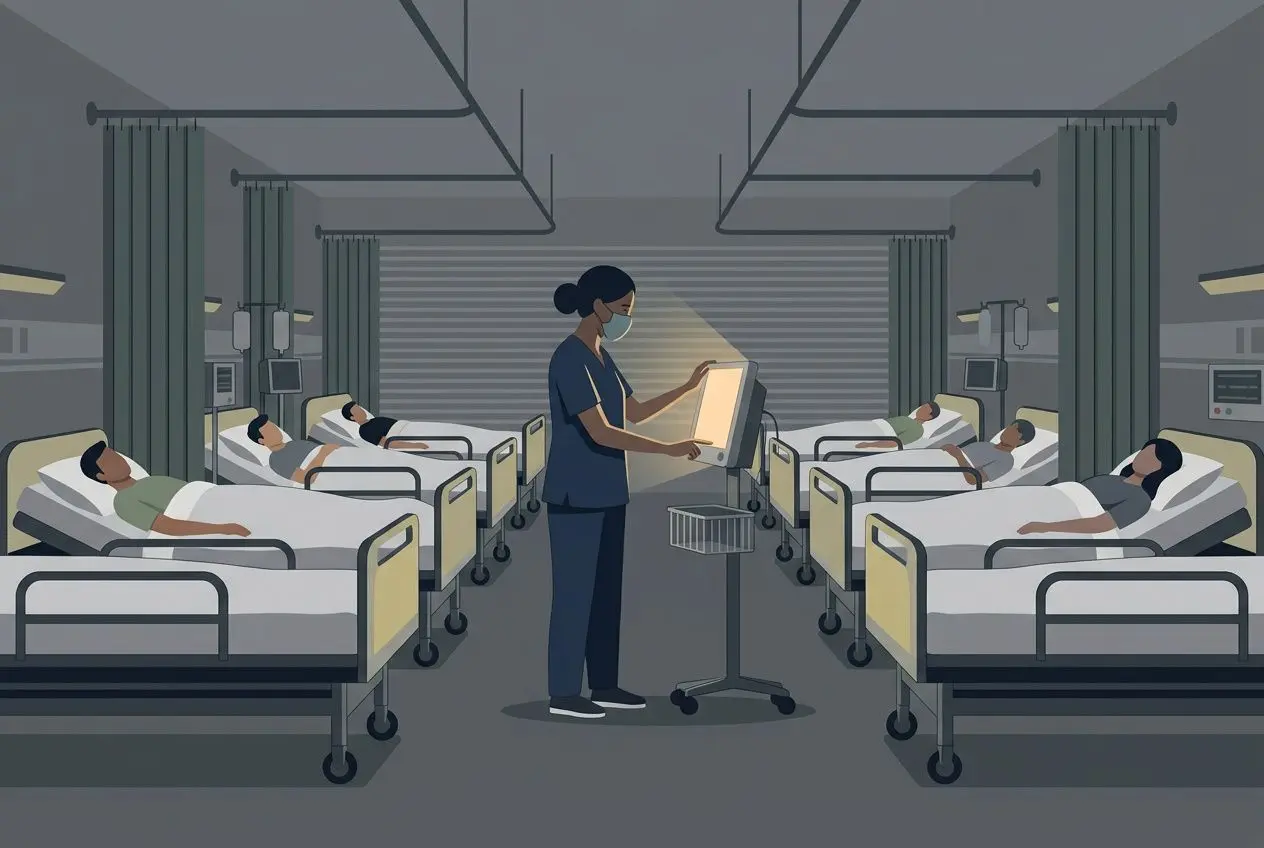 Infirmier en intérim vérifiant un dossier près d’un chariot, dans une salle d’hôpital remplie de lits et patients. salaire infirmier intérim net intégré.