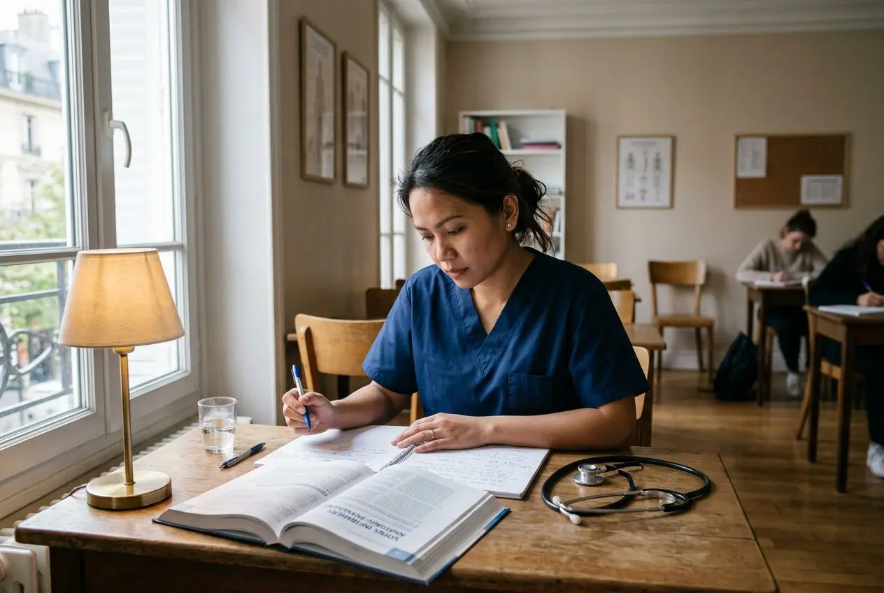 Infirmier(ère) en blouse bleue étudiant des documents et rédigeant, avec stéthoscope sur la table et lampe près d’une fenêtre, ambiance studieuse. intégré : recrutement infirmier étranger en france.