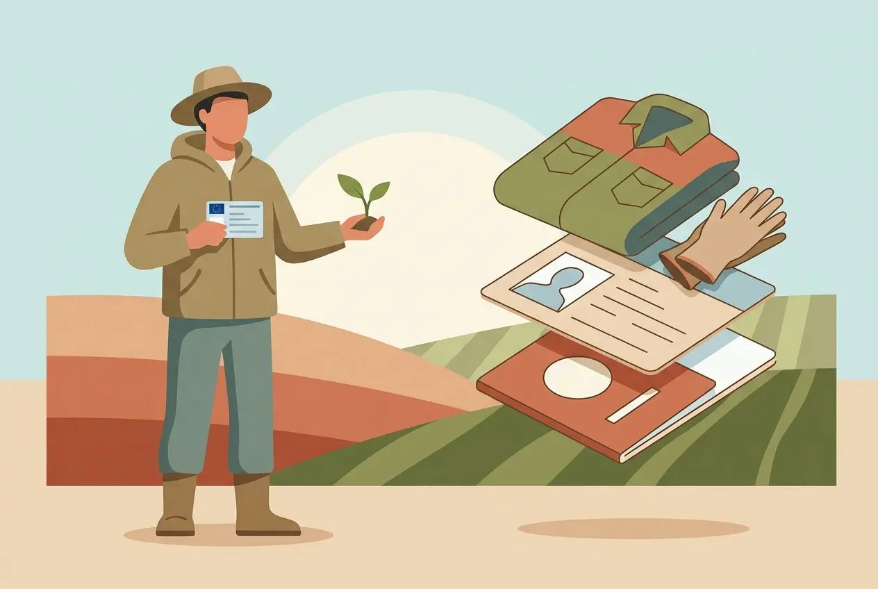 Manœuvre agricole tenant une pièce d’identité et une jeune pousse, avec passeport et cartes, symbolisant l’embauche de travailleurs saisonniers dans un paysage champêtre.