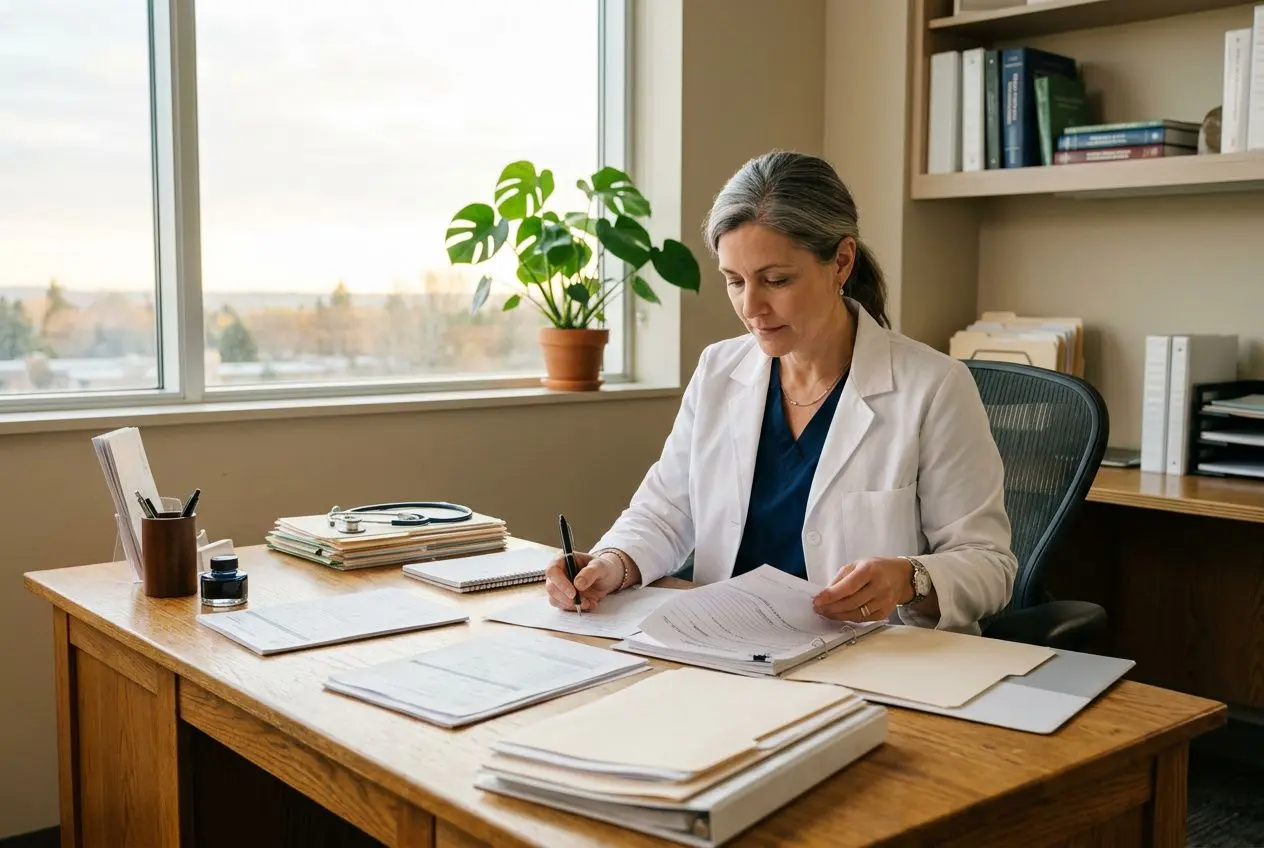 Médecin femme en blouse blanche signe des documents dans un bureau, agence recrutement médecins étrangers, travail administratif.