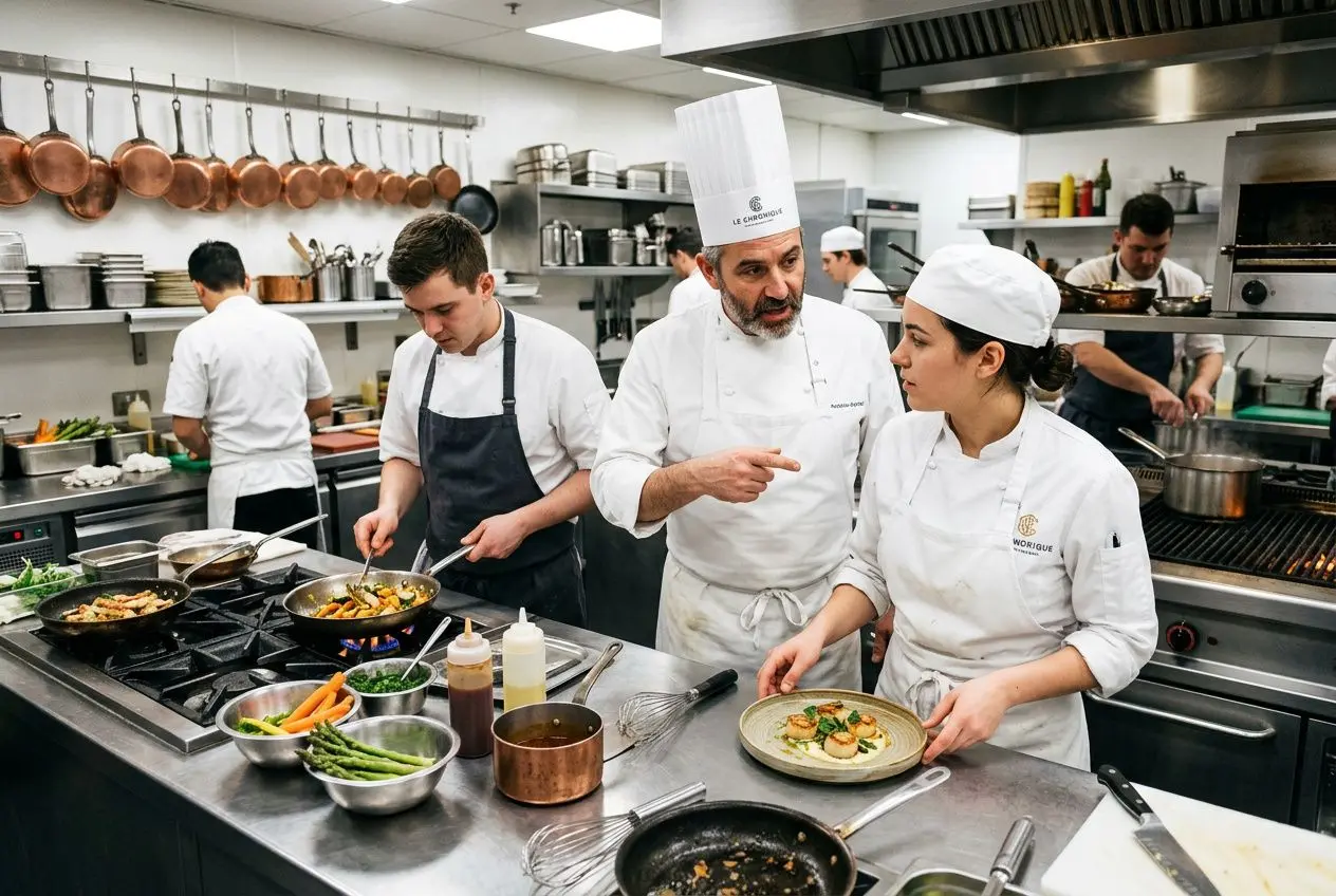 Plongeon dans une cuisine professionnelle : chef avec toque coordonne des gestes avec son équipe autour d’assiettes, casseroles et légumes frais. Offres d'emploi restauration hôtellerie intégrée naturellement.