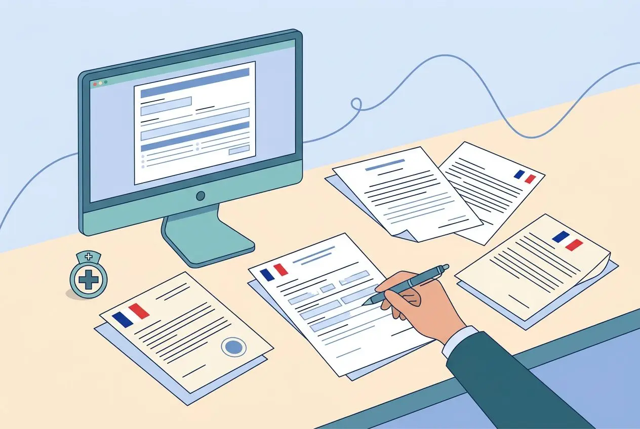 Processus de recrutement infirmier étranger en france: signature et remplissage de dossiers papier devant un écran d’ordinateur, cartes et documents.