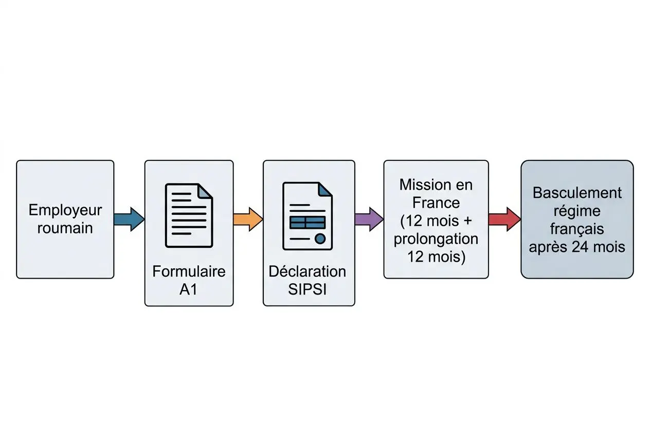Processus de recrutement ouvriers roumains en France: employeur roumain, formulaire A1, déclaration SIPS, mission en France et basculement du régime français après 24 mois.