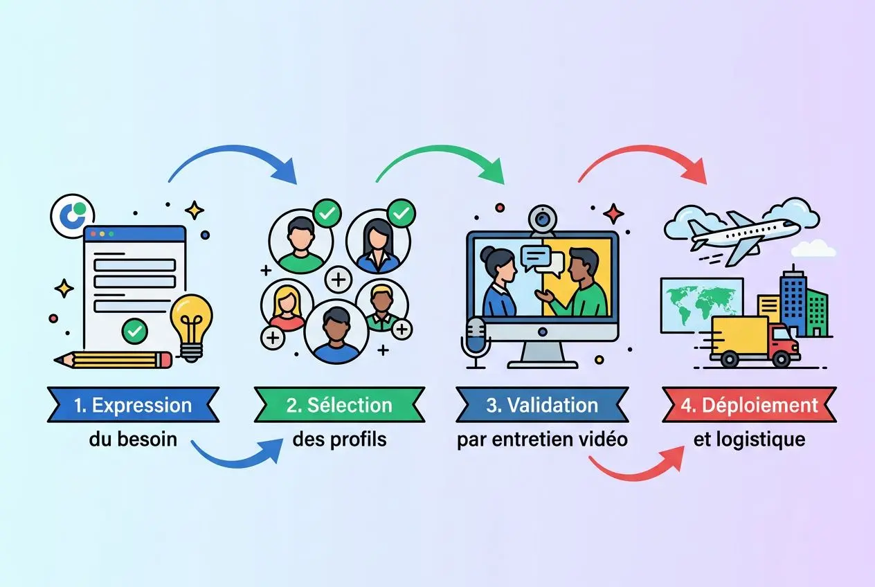 Processus de recrutement ouvriers roumains en France : expression des besoins, sélection des profils, validation par entretien vidéo et déploiement logistique.