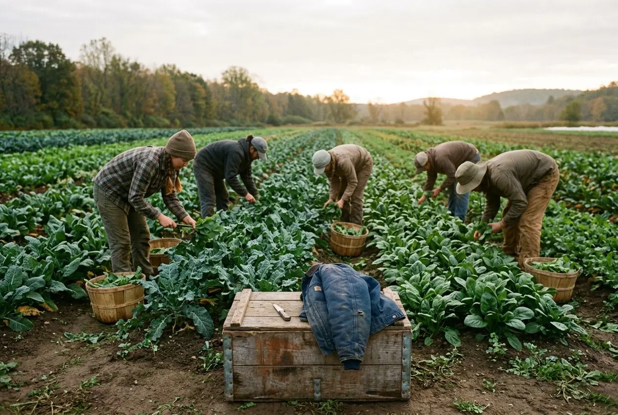 Quatre travailleurs saisonniers récoltent des légumes dans un champ, avec une caisse et un vêtement posé sur un coffre en bois.