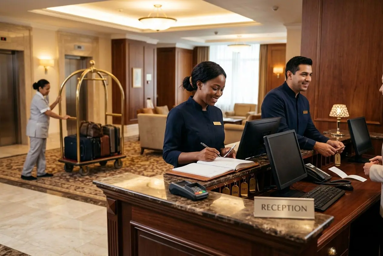 réceptionniste et personnel d’accueil accueillants au comptoir de réception d’un hôtel, avec bagagiste en fond et opération de check-in. intitulé “personnel hôtellerie roumains”.