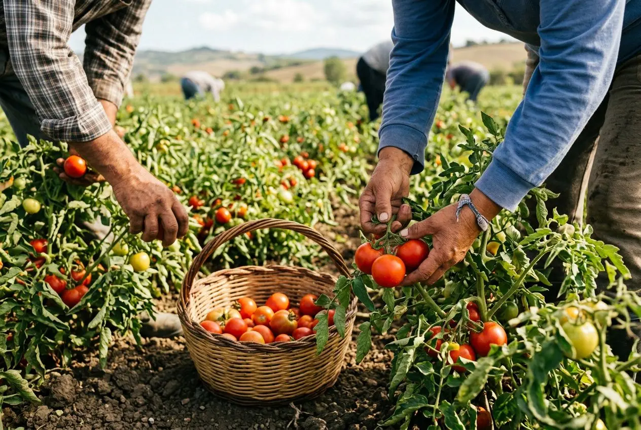 Récolte de tomates dans un champ, personnes récoltant et plaçant les fruits dans un panier, travail agricole saisonnier. agence recrutement saisonnier agriculture