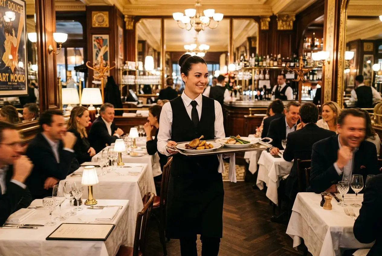 Serveur souriant portant un plateau de plats dans un restaurant chic, salle animée et éclairée par des lampes.
