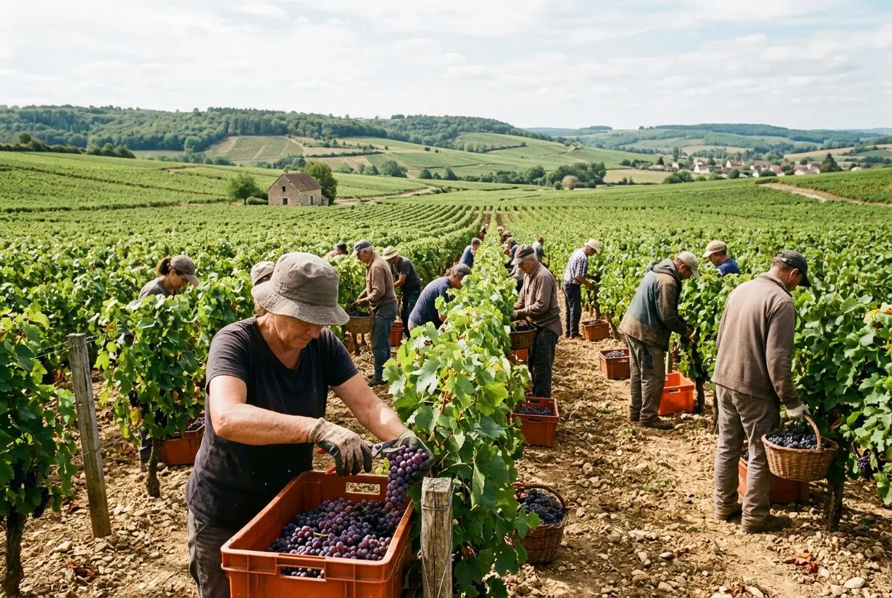 Travailleurs agricoles récoltant des grappes dans un vignoble en plein air, sous un ciel clair. Contrat de travail saisonnier agricole en france 2026.