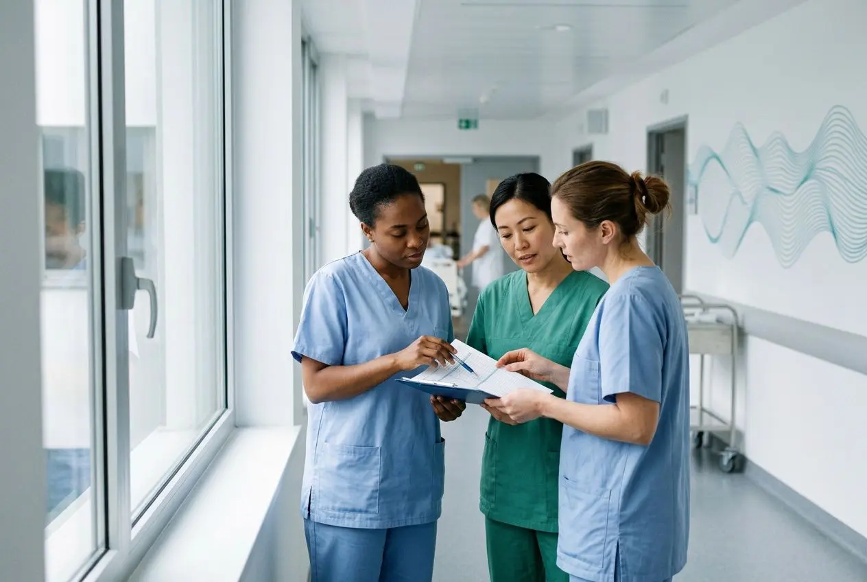 Trois infirmier·e·s discutent dans un couloir d’hôpital, examinant des documents sur un clipboard, au milieu d’un espace lumineux et moderne. recrutement infirmier étranger en france