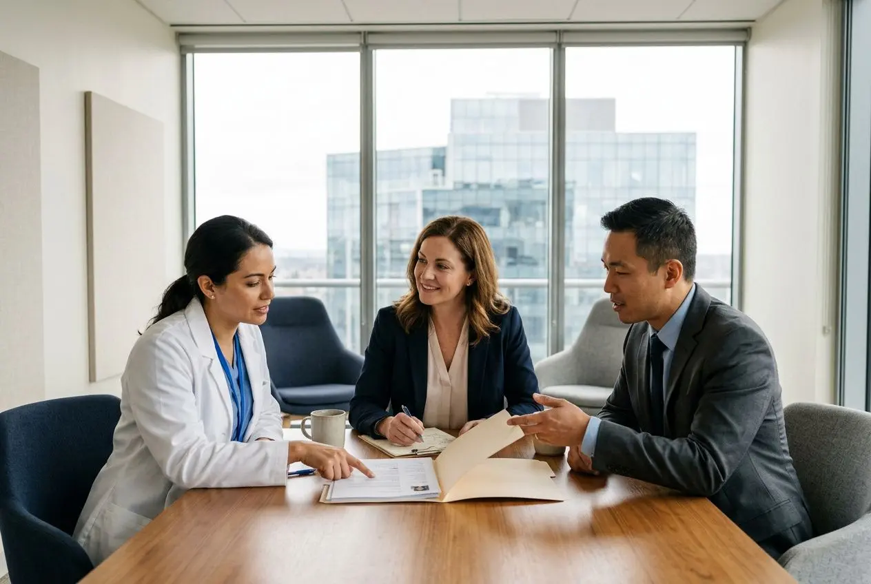 Trois professionnels en réunion discutent devant des documents, dans un bureau lumineux, pour le recrutement de médecins étrangers. Agence recrutement médecins étrangers.