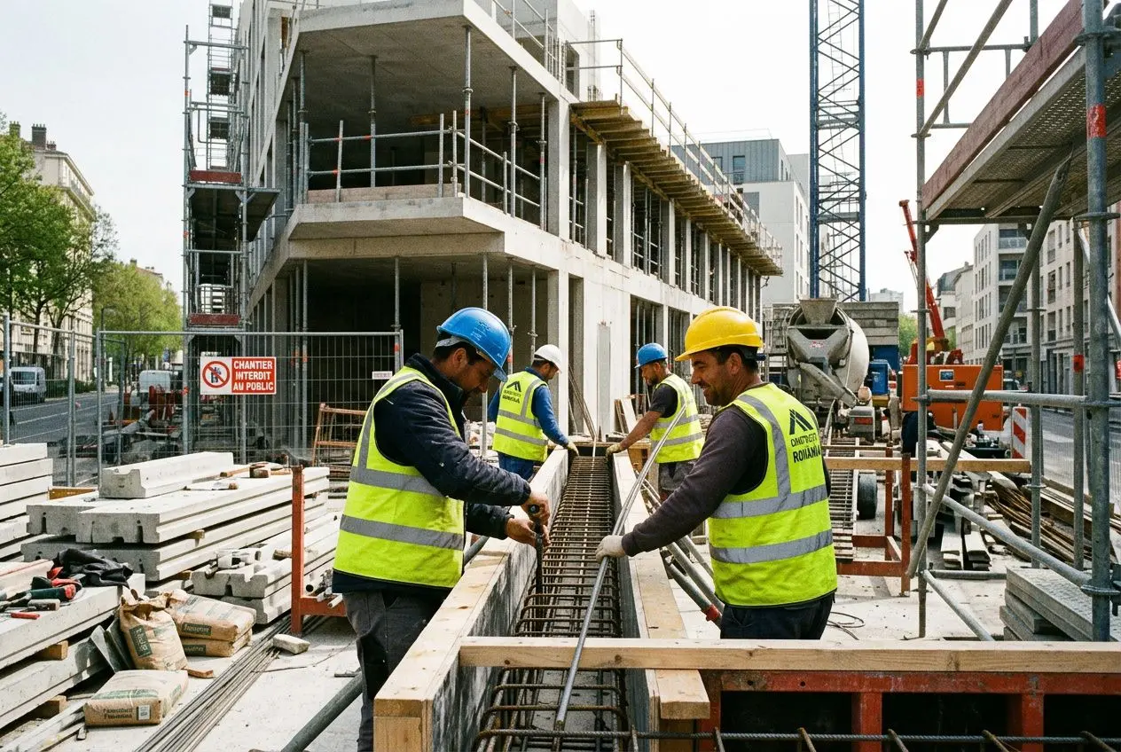 Vue d’un chantier de construction avec des ouvriers portant des gilets et casques, travaillant sur une liaison en béton. intégration du mot-clé: recrutement ouvriers roumains france dans une description fluide.