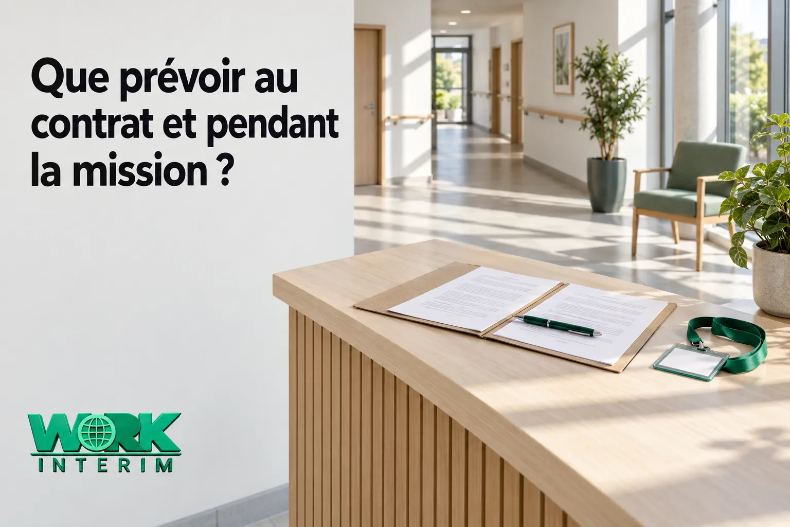 Un bureau avec des documents et un stylo posés sur le plateau, dans un espace lumineux et accueillant.
