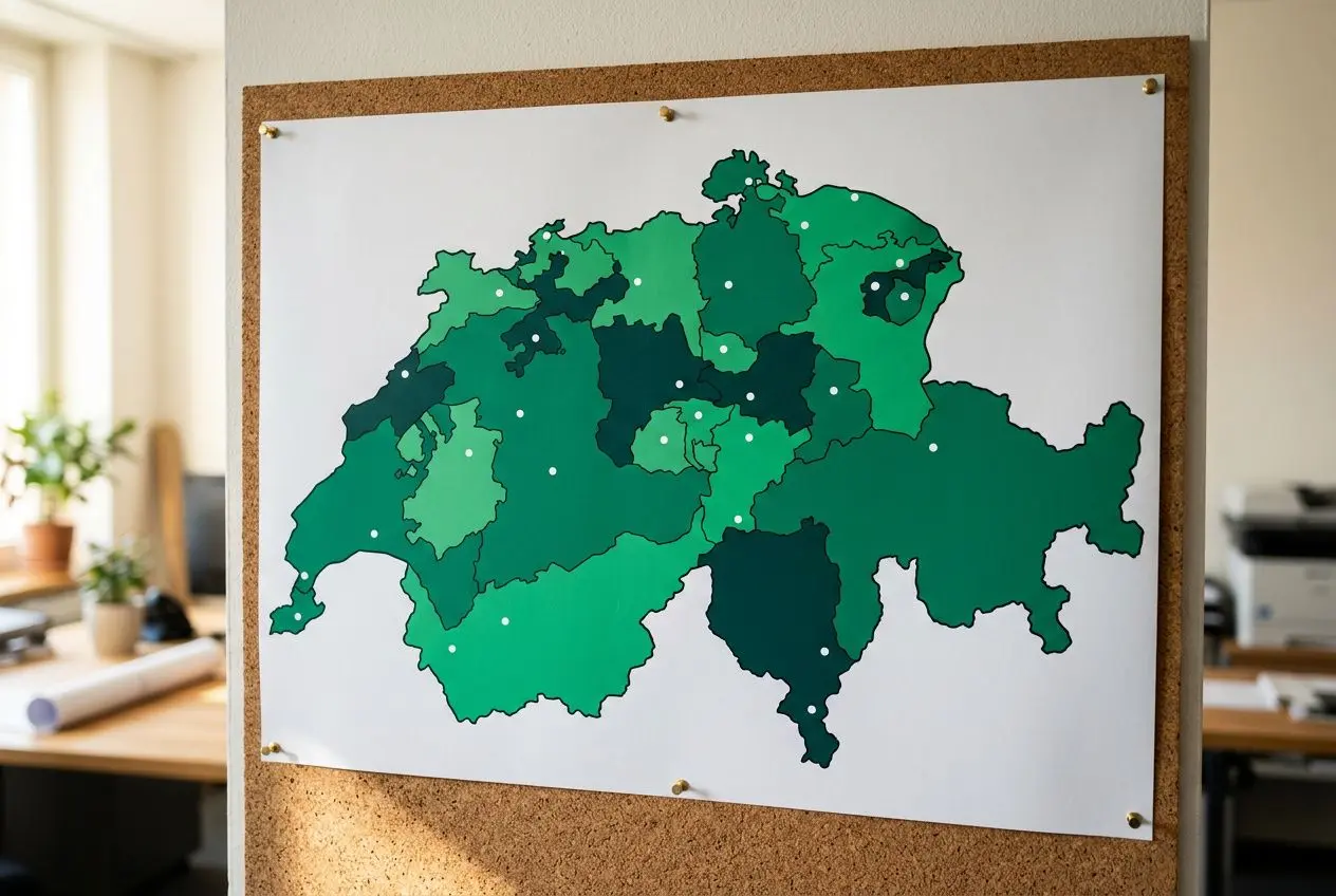 Carte murale des cantons suisses en nuances de vert, affichée sur un panneau de liège dans un espace de travail. salaire d'un intérimaire en suisse intégré naturellement.