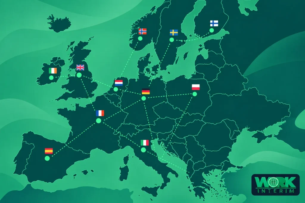Carte stylisée de l’Europe montrant des trajets entre différents pays, avec des icônes de drapeaux et des points connectés