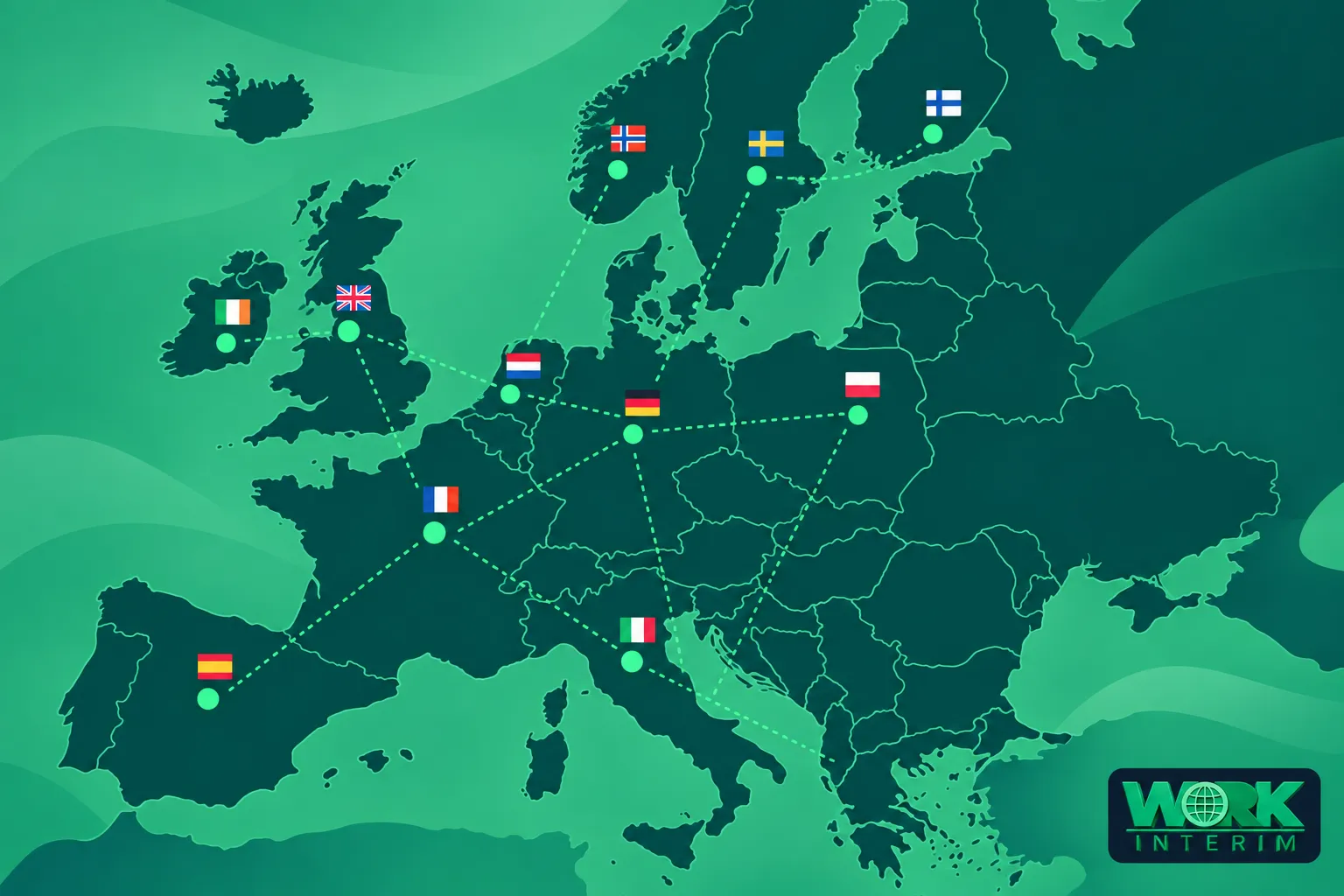 Carte stylisée de l’Europe montrant des trajets entre différents pays, avec des icônes de drapeaux et des points connectés