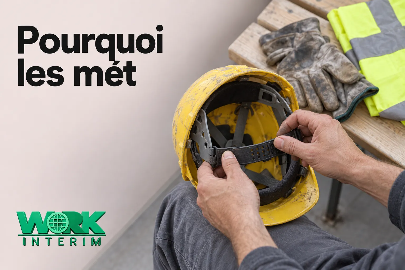 Casque de chantier jaune tenu par des mains d’un ouvrier, prêt à être ajusté, sur fond de table et gants de travail.