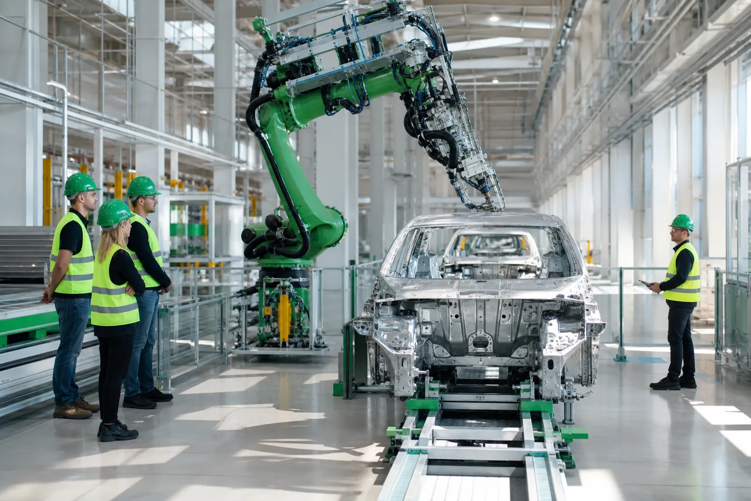 Chaîne de production automobile en usine, robot collaboratif vert manipulant une carrosserie, opérateurs en safety shoes et gilets jaune-vert à l’arrière. secteur d'activité en roumanie (intégré).