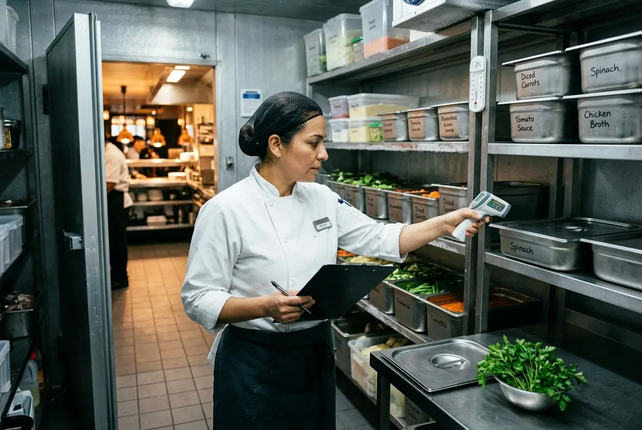 Chef de cuisine définition: une cheffe en uniforme prend des mesures sur un thermomètre et note sur un carnet dans une brasserie, au sein d’une brigade de cuisine.