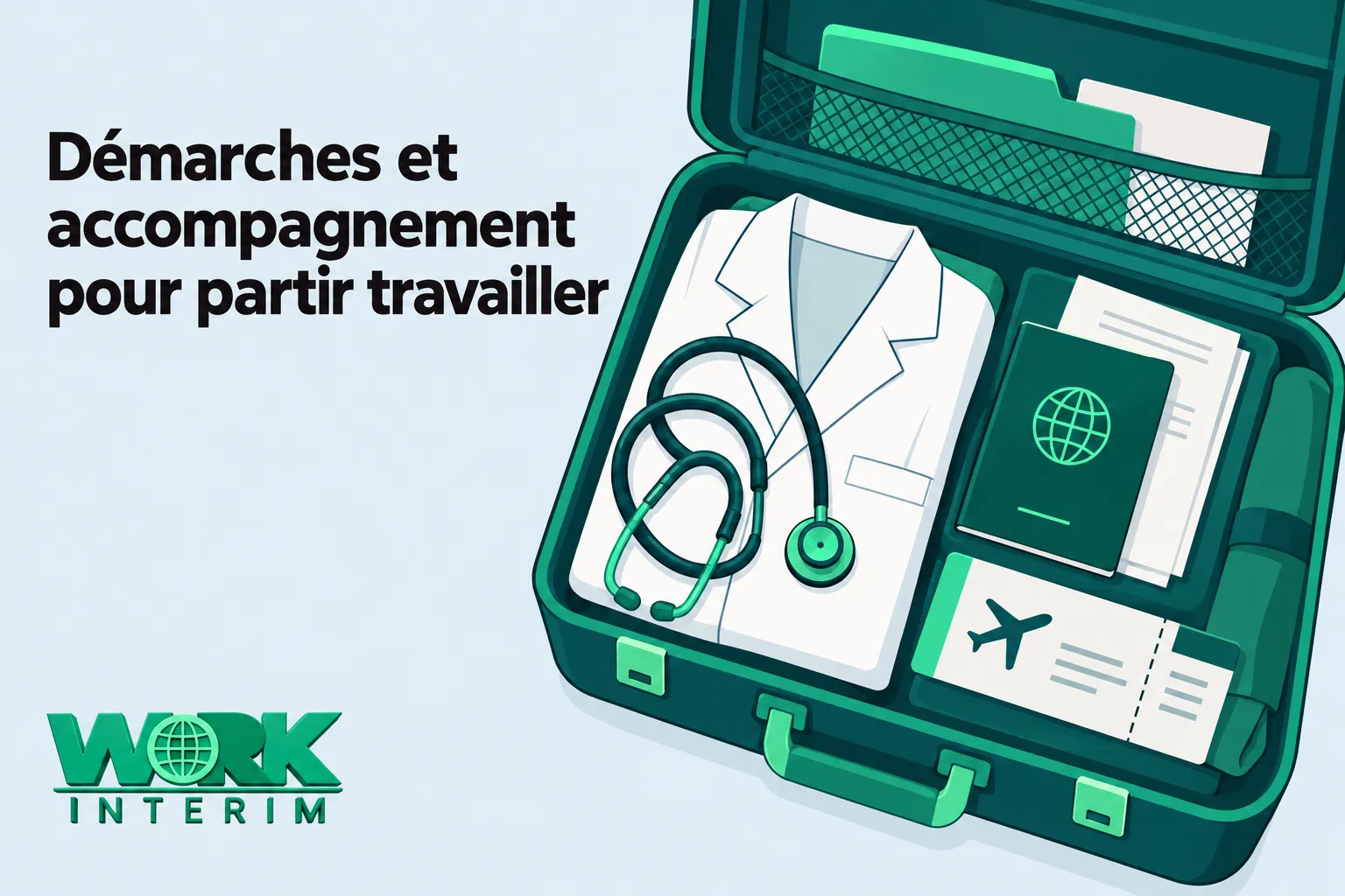 Classeur de médecin avec stéthoscope et documents, symbole d’un départ pour travailler dans un hôpital français à l’étranger.