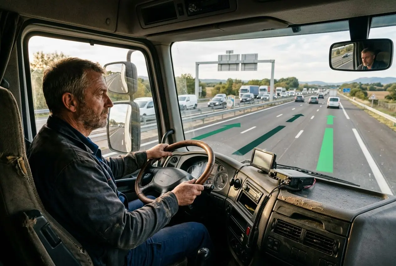 Conducteur de camion sur route, vue intérieure cabine, trafic fluide sur autoroute et paysages en arrière-plan. Intérim transport routier.