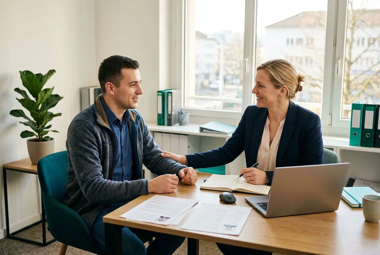 Deux personnes en entretien professionnel souriantes autour d’une table, avec documents et ordinateur portable. Le cadre montre un bureau lumineux, avec plantes et rangements. <ins>intégration du mot-clé</ins>: salaire d'un intérimaire en suisse est discuté dans ce contexte.