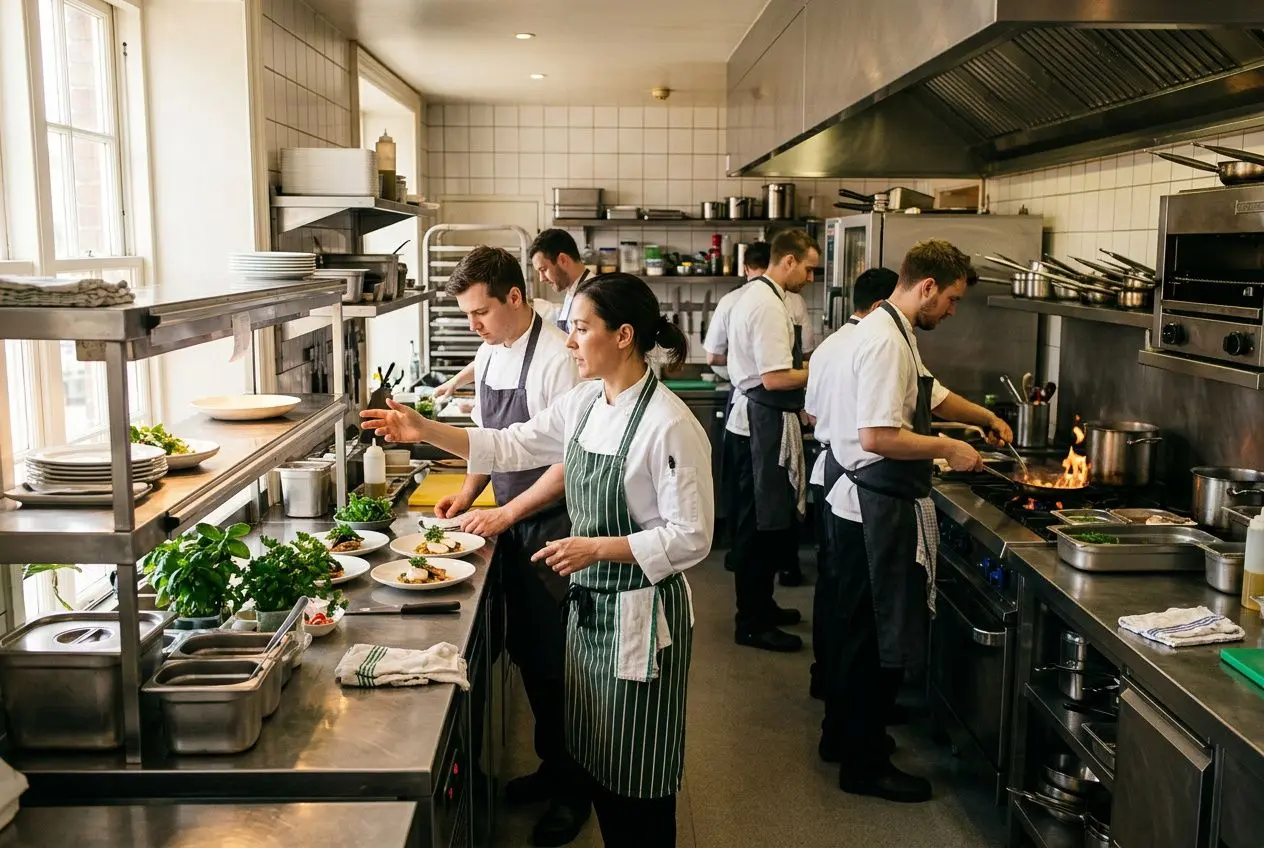 Équipe de cuisine en pleine préparation: cuisiniers en uniformes et tabliers travaillent derrière le plan de travail avec des plats et des ingrédients. chef de cuisine définition intégrée.