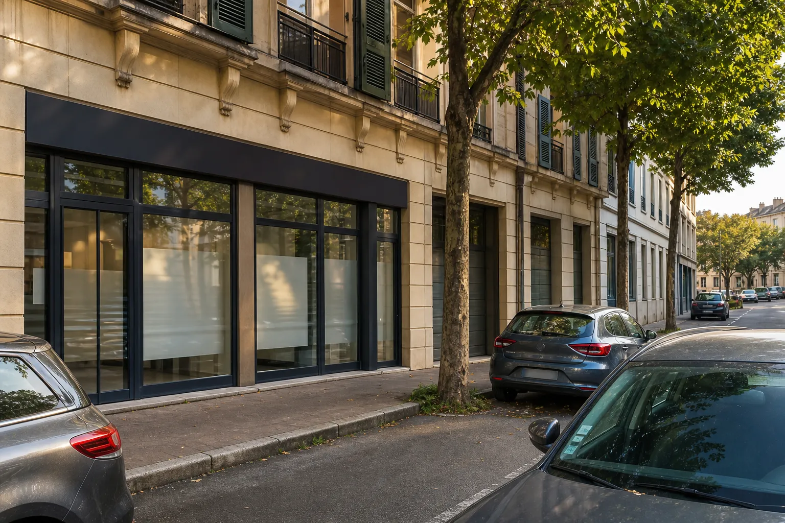 Facade d’immeuble en zone urbaine avec vitrines et arbres, près de voitures stationnées; vue de Mâcon. agence d'interim macon proche.