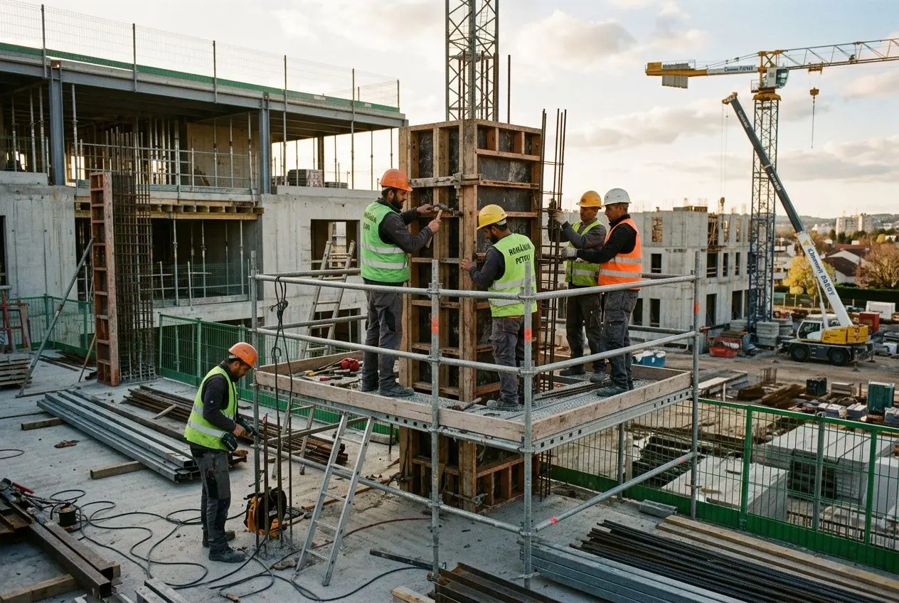 Groupe d’ouvriers sur un chantier de construction roumain, portant casques et gilets, travaillant sur une structure en bois et métal. offre emploi intérim roumanie intégré.