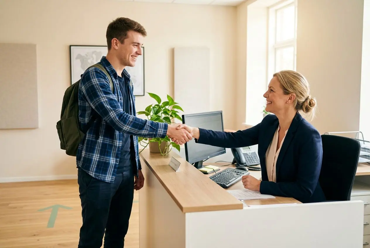 Homme jeune serre la main à une agente d’accueil dans un bureau, ambiance professionnelle et sourire, avec ordinateur et plantes sur le guichet. introspection sur « comment trouver du travail rapidement sans expérience ».