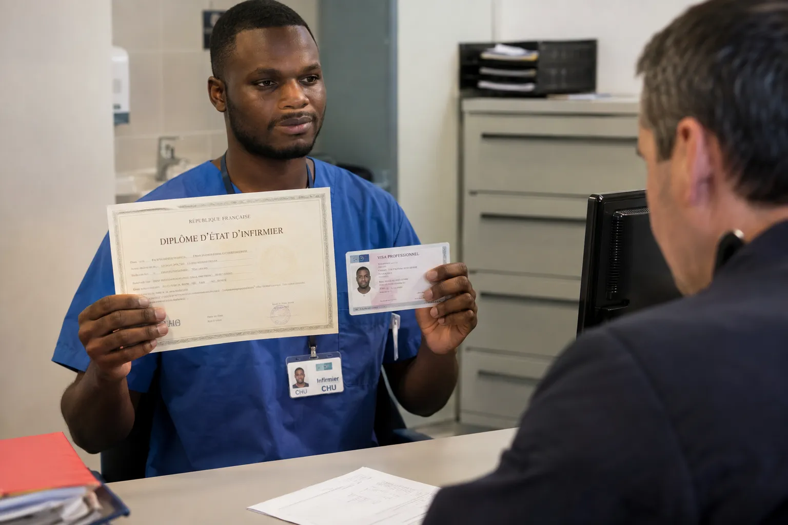 Un infirmier en blouse bleue tient un diplôme et une carte professionnelle devant un responsable à un guichet.