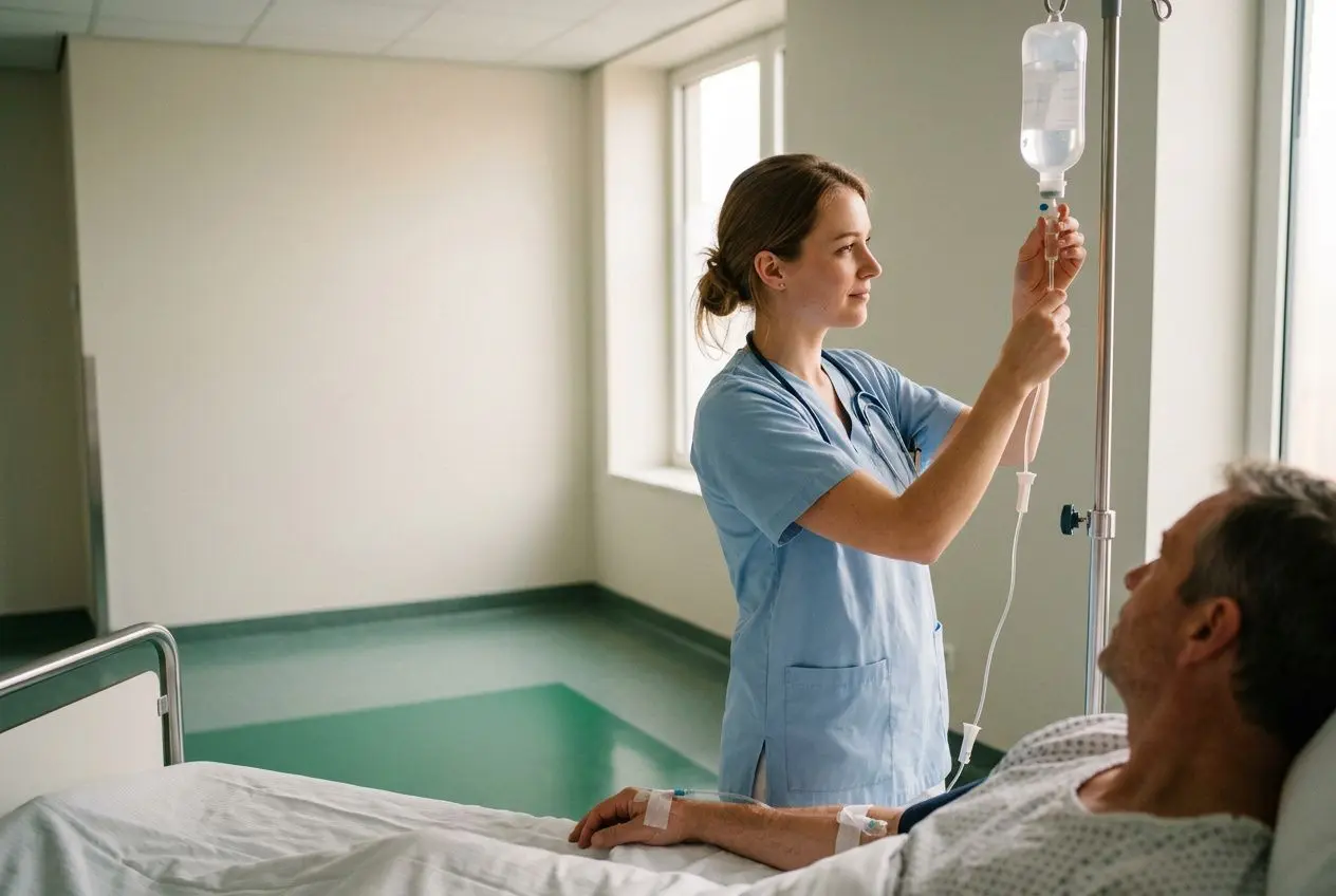 Infirmière administrant une perfusion à un patient allongé dans un lit d’hôpital. Besoin infirmiers temporaires belgique.