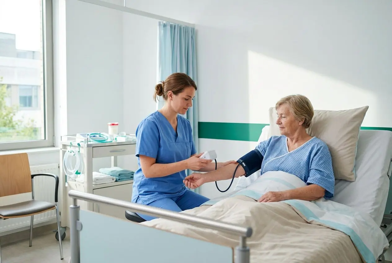 Infirmière mesurant la tension artérielle d’un patient âgé dans une chambre d’hôpital. besoin infirmiers temporaires belgique, soins professionnels.