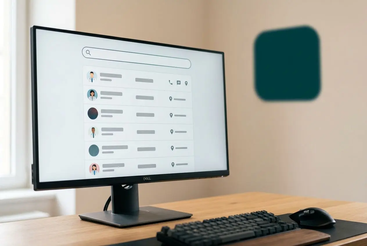 Ordinateur affichant un annuaire santé médecin en ligne avec liste de professionnels et icônes de contact sur un bureau.