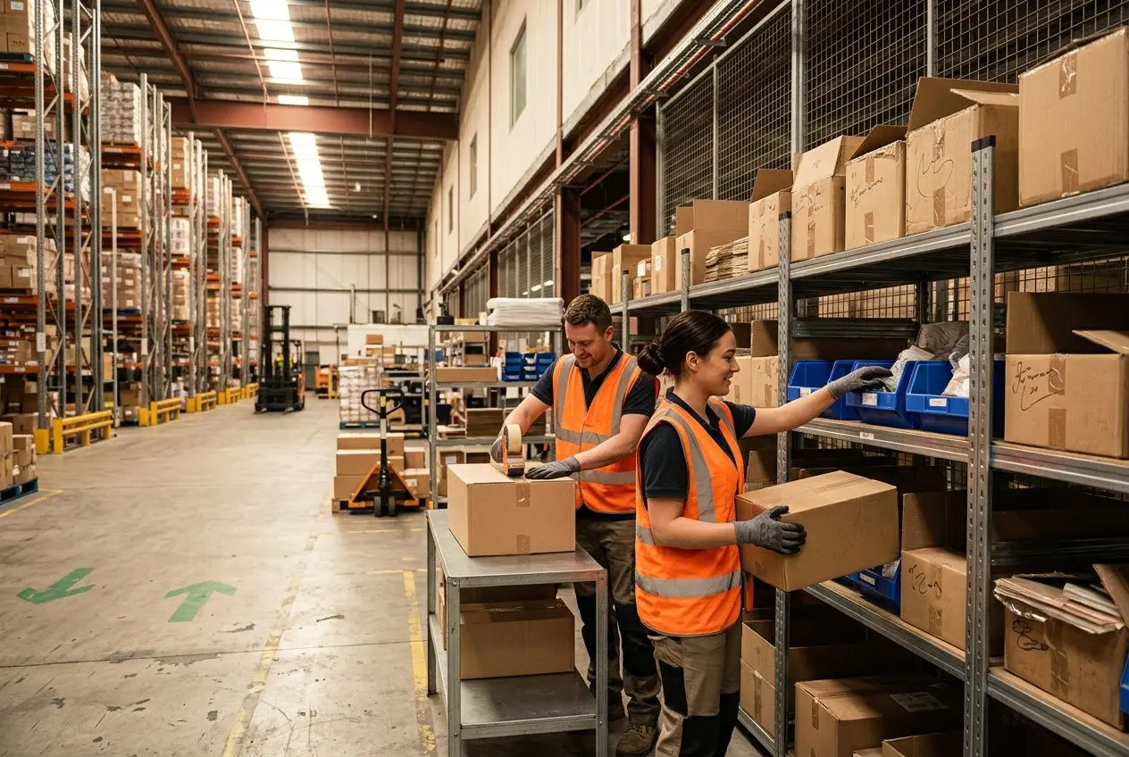 Personnes travaillant dans un entrepôt, portant gilets orange, comprenant des étagères remplies de colis et une zone de tri. Intégration du mot-clé: comment trouver du travail rapidement sans expérience.