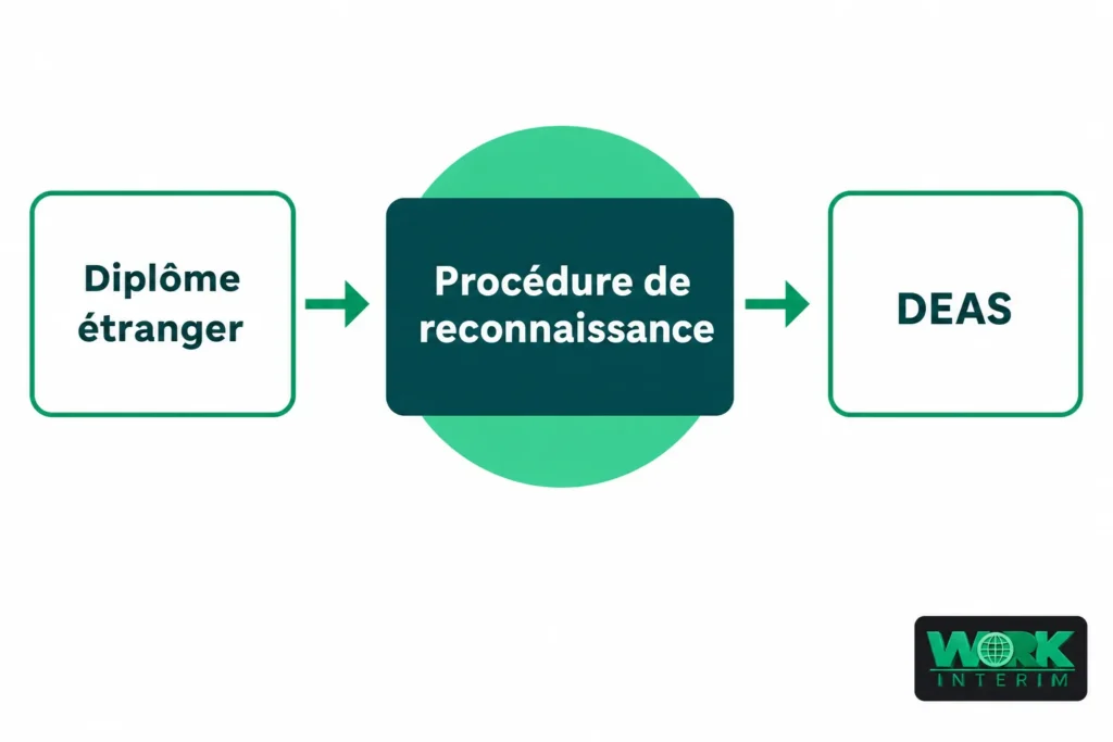 Processus de reconnaissance: diplôme étranger → procédure de reconnaissance → DEAS, pour devenir aide-soignant en France.