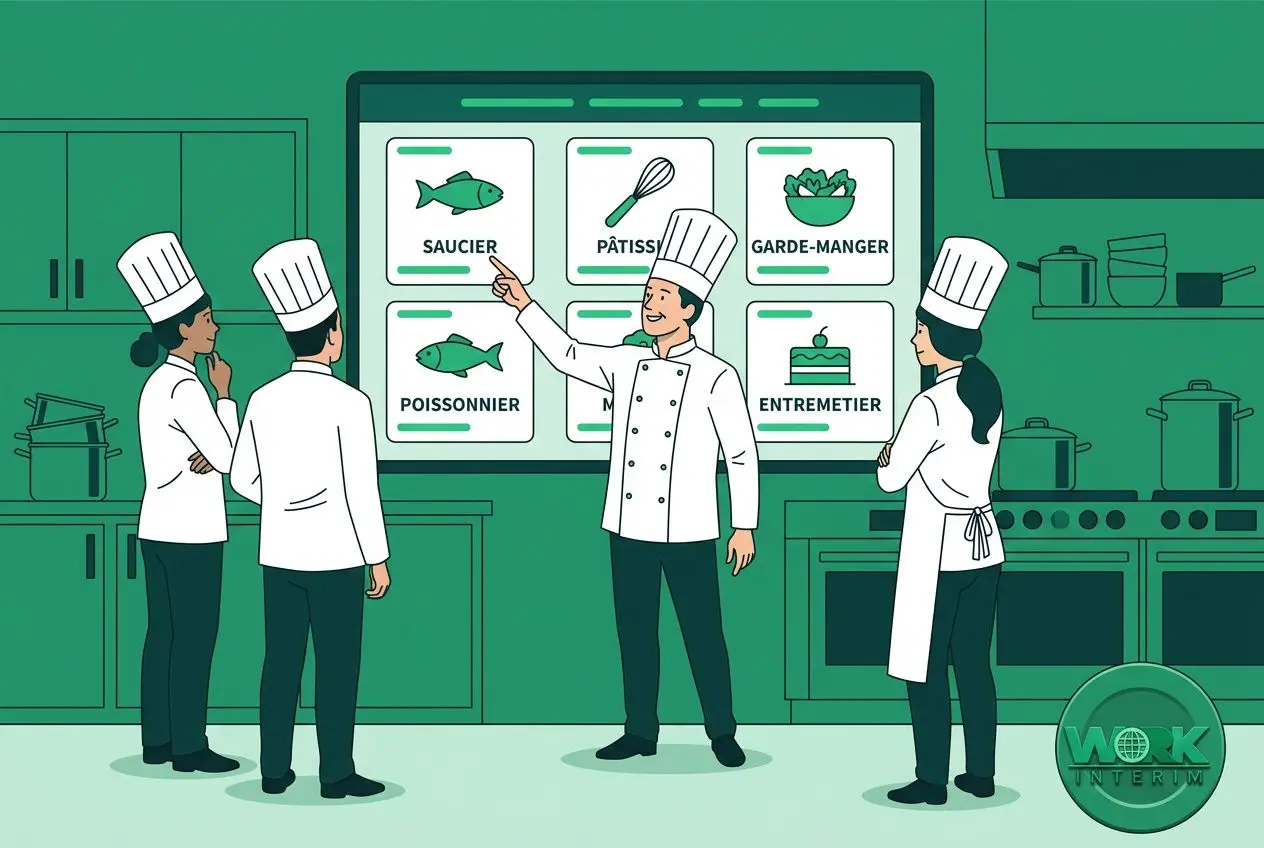Quatre chefs en tenue blanche devant un tableau interactif affichant des rôles culinaires, le chef de cuisine expliquant les postes. Chef de cuisine définition en contexte de brigade.