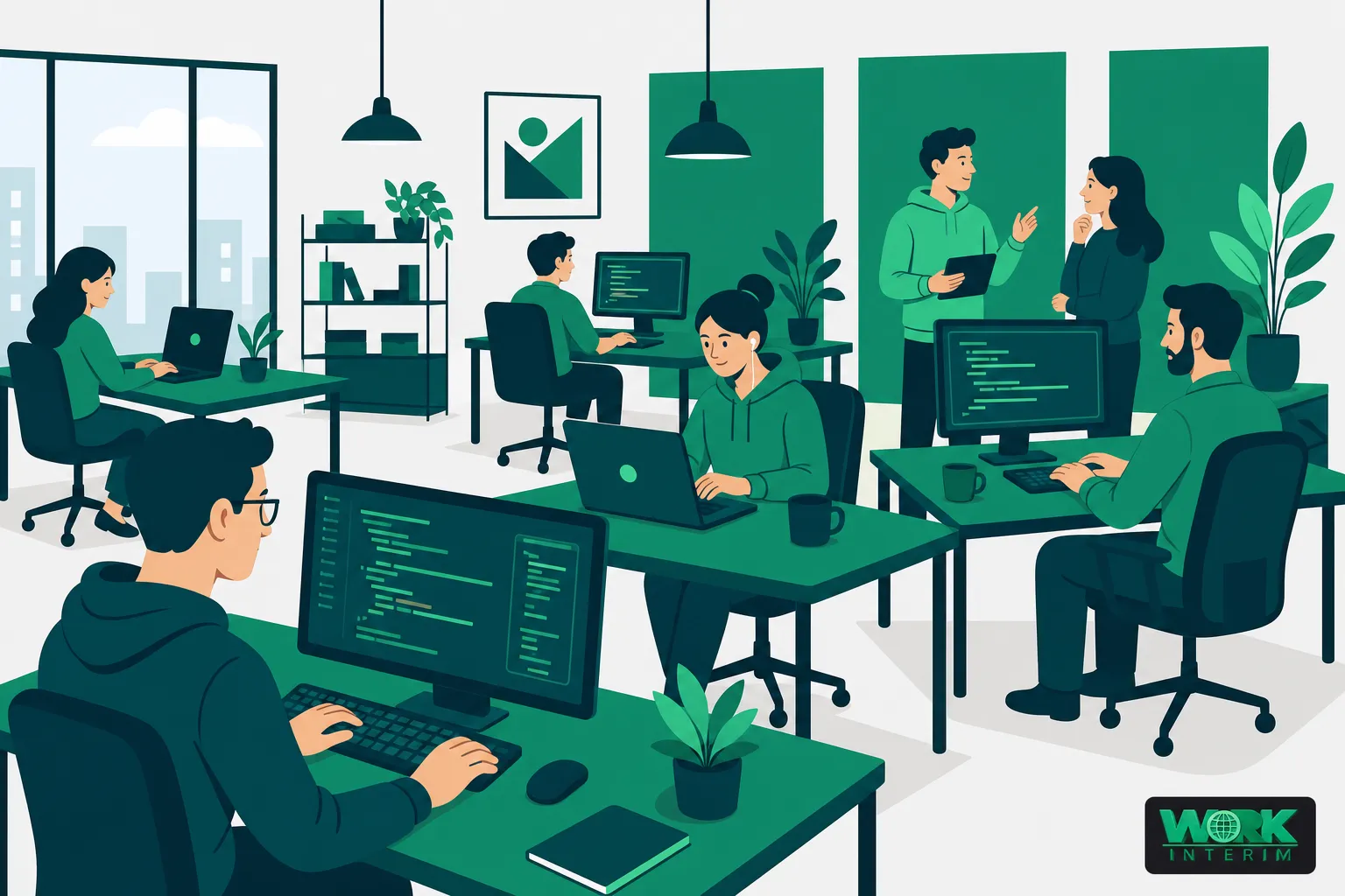 Salle de travail collaborative avec développeurs et échanges, ambiance moderne et verte, ordinateurs et plantes, secteurs d'activité en roumanie.
