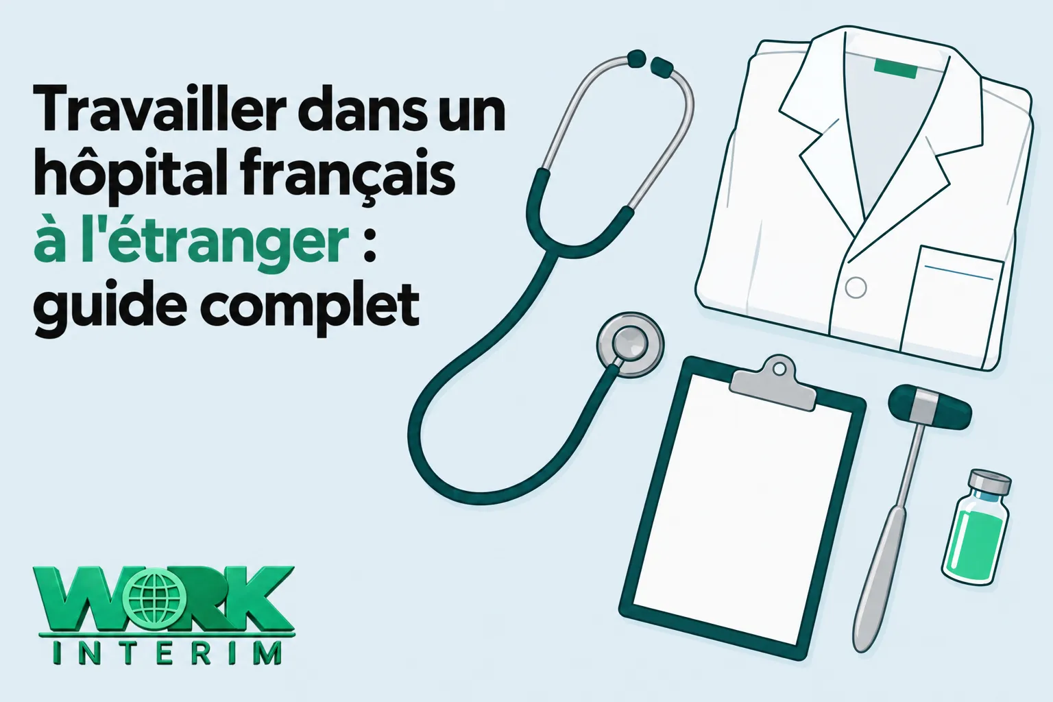 Travailler dans un hôpital français à l’étranger : guide complet avec stéthoscope, blouse, carnet, seringue et flacon sur fond bleu clair.